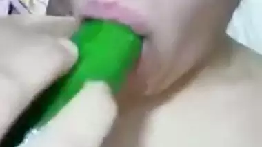 Hot SWEETHEART masturbating pussy with a cucumber